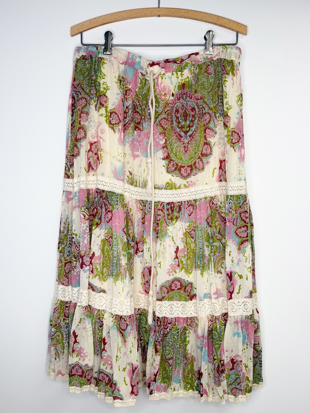 Vintage Y2K Paisley Boho‎ Tiered Lace Trim Midi Skirt Pink & Green apt.9 Large